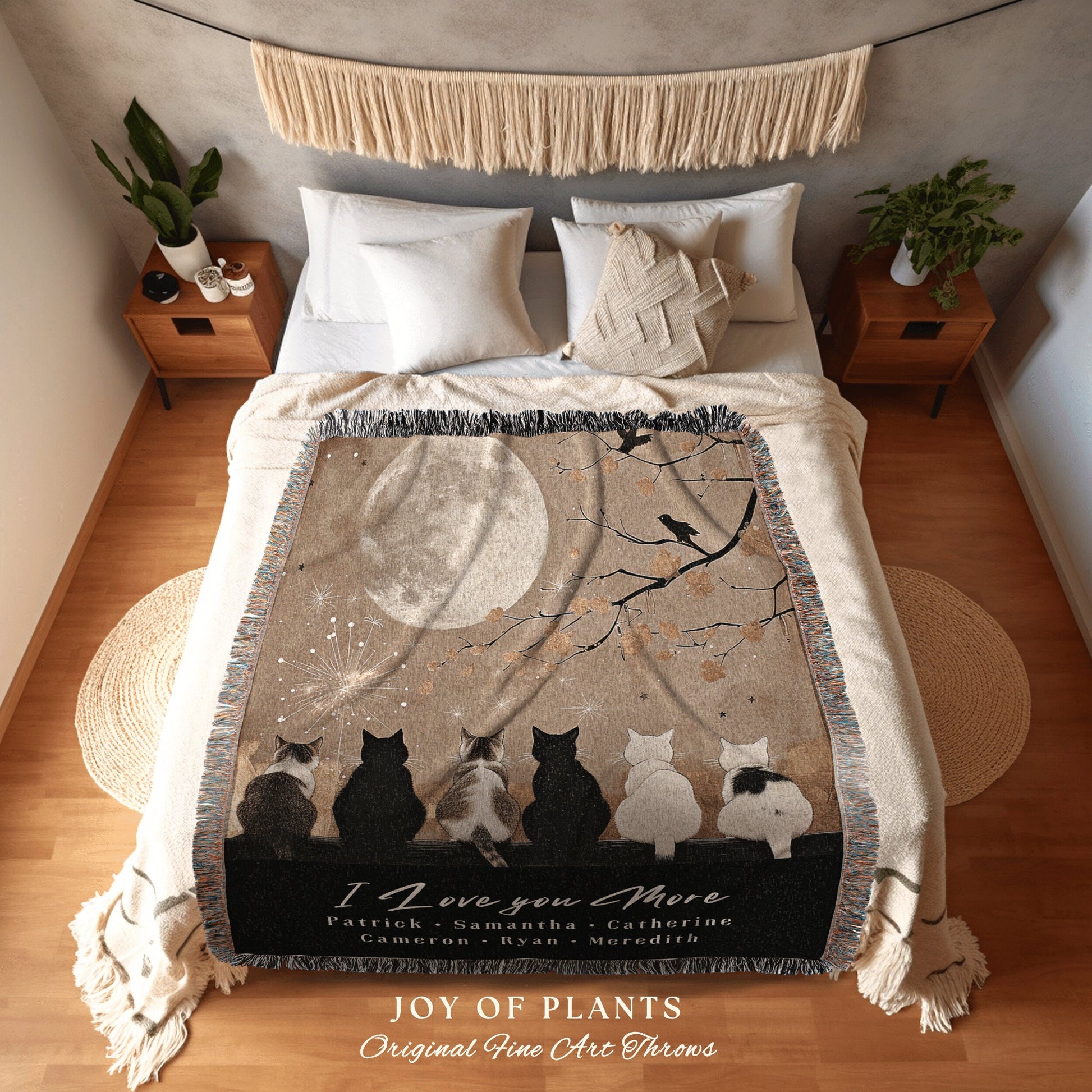 I Love You More Blanket Woven | Personalized Cat Mom Blanket with Grandchildren Names Meaningful Parent Woven Tapestry Custom Cat Family