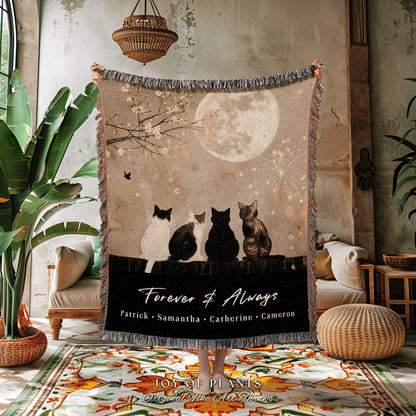 Personalized Cat Family Blanket | Custom Cat Mom Blanket with Grandchildren Names Meaningful Parent Woven Tapestry Custom Woven Throw