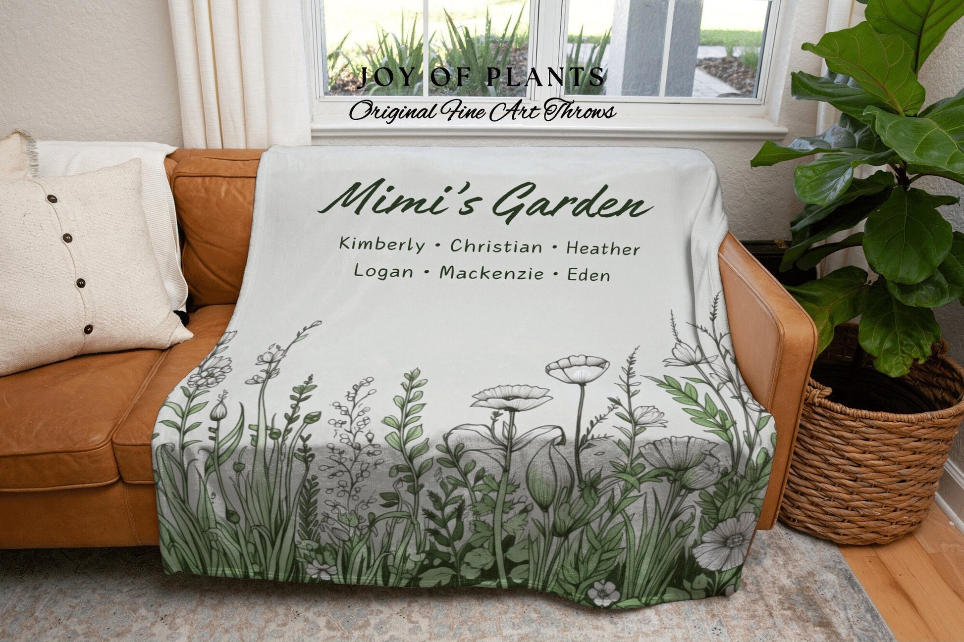 Mimi's Garden Custom Family Name Blanket | Gift for Mom Birth Flower Personalized Grandma's Garden Tapestry Woven Grandchildren's Names |