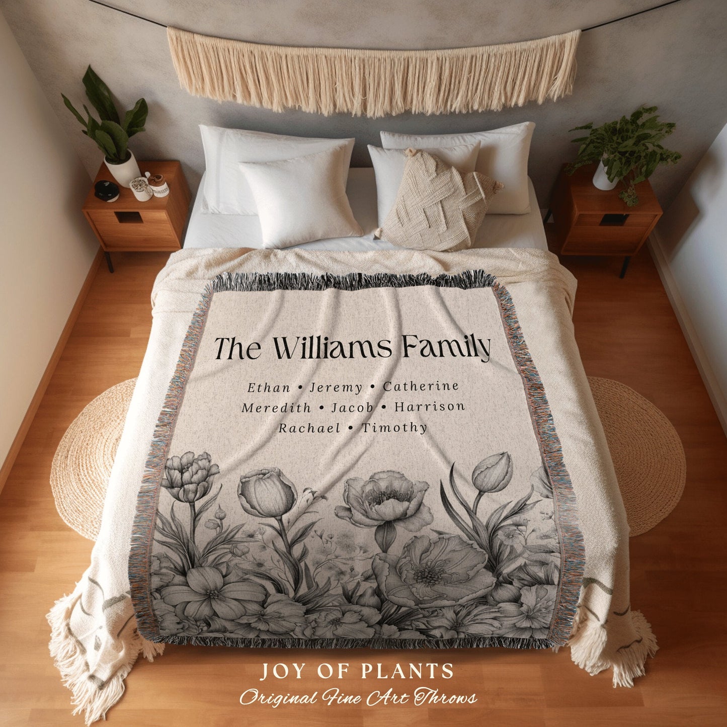 Family Flowers Custom Throw | Personalized Meaningful Mom Custom Family Name Blanket Children's Names Grandmas Garden Thoughtful Gift