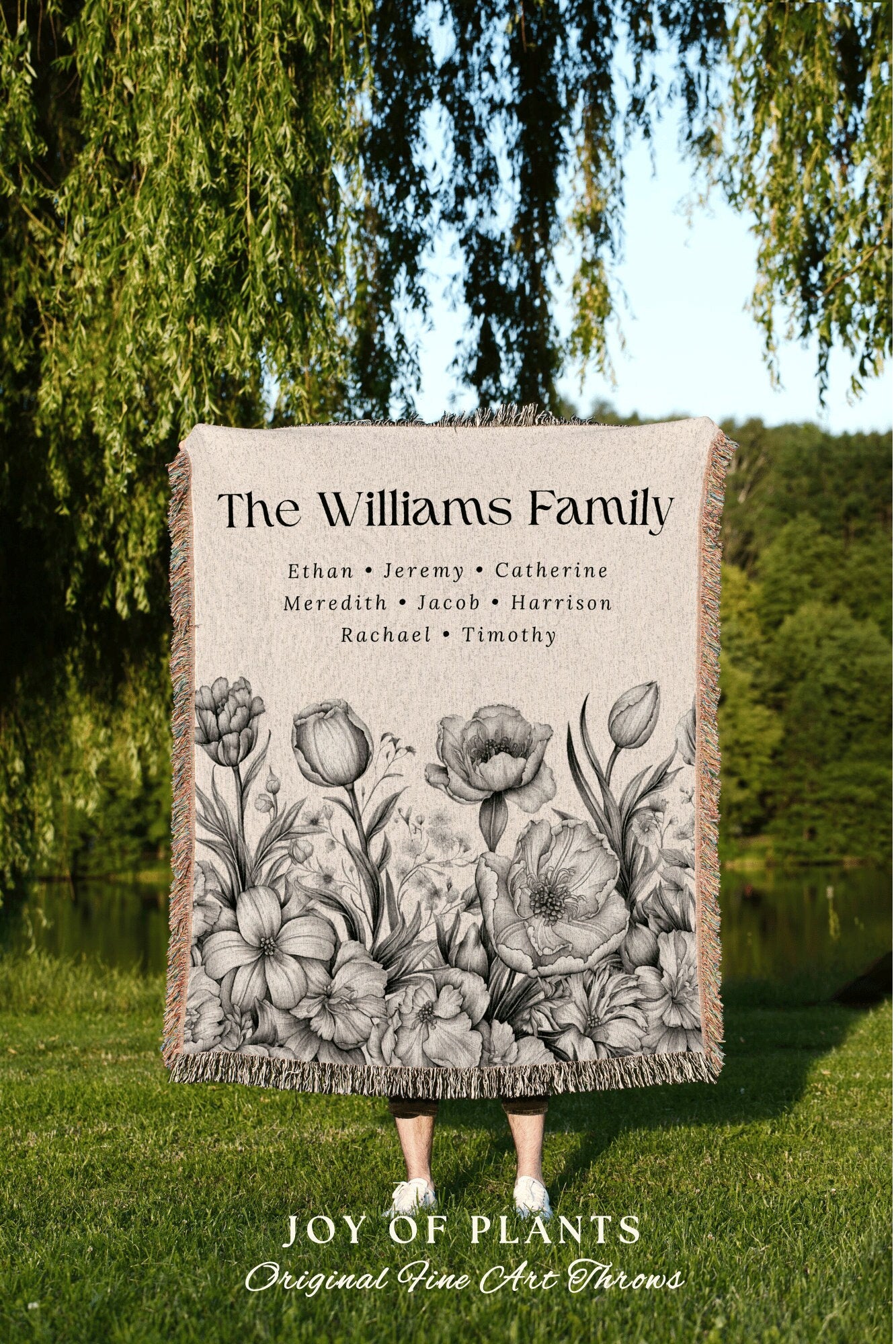 Family Flowers Custom Throw | Personalized Meaningful Mom Custom Family Name Blanket Children's Names Grandmas Garden Thoughtful Gift