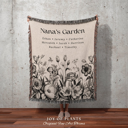 Nana's Garden Floral Blanket Woven | Custom Mom Gift Custom Family Name Tapestry Grandkid's Names Grandmas Garden Thoughtful In-Law Gift