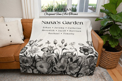 Nana's Garden Floral Blanket Woven | Custom Mom Gift Custom Family Name Tapestry Grandkid's Names Grandmas Garden Thoughtful In-Law Gift