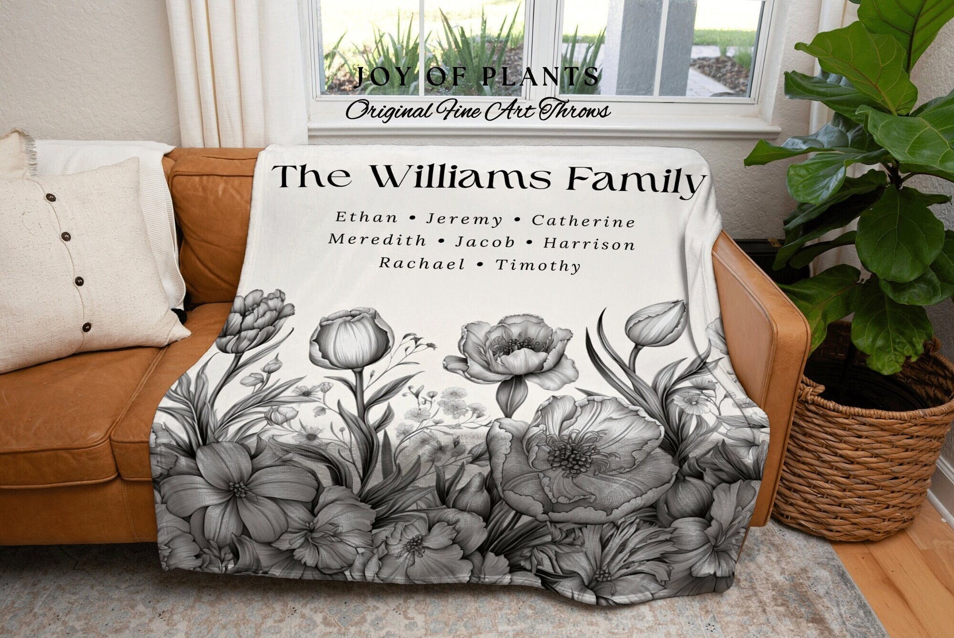 Family Flowers Custom Throw | Personalized Meaningful Mom Custom Family Name Blanket Children's Names Grandmas Garden Thoughtful Gift