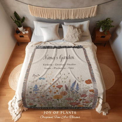 Grandparent's Day Woven Blanket | Personalized Family Name Tapestry Grandkid's Names Grandmas Garden Sentimental Gift for the Home Custom