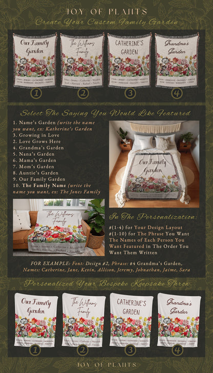 Thoughtful Mother's Day Blanket | Personalized Family Name Tapestry Grandkid's Names Grandmas Garden Sentimental Gift for the Home Custom