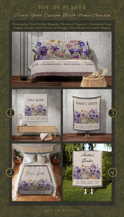 Mama's Garden Custom Throw | Personalized Family Name Tapestry Grandchildren's Names Grandmas Garden Thoughtful Gift for the Home Floral |