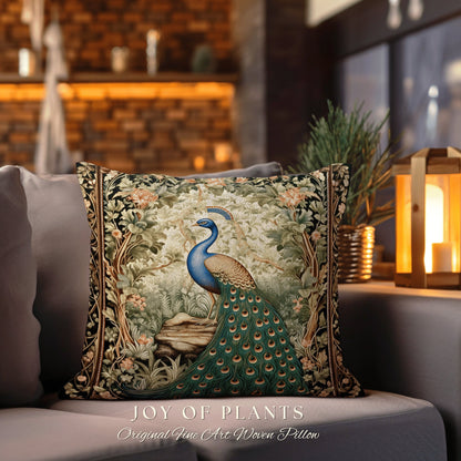 Spring Decorating Peacock Pillow | William Morris Inspired Peacock Woodland Decor Cushion Maximalist Ornate Home Decor Eclectic Throw