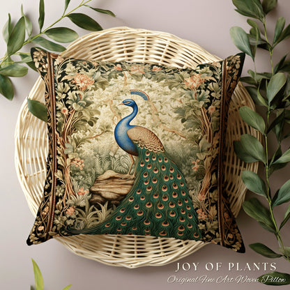 Spring Decorating Peacock Pillow | William Morris Inspired Peacock Woodland Decor Cushion Maximalist Ornate Home Decor Eclectic Throw