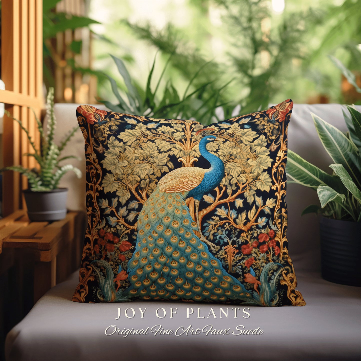 Maximalist Aesthetic Peacock Pillow | William Morris Inspired Peacock Woodland Decor Cushion Botanical Ornate Home Decor Eclectic Throw