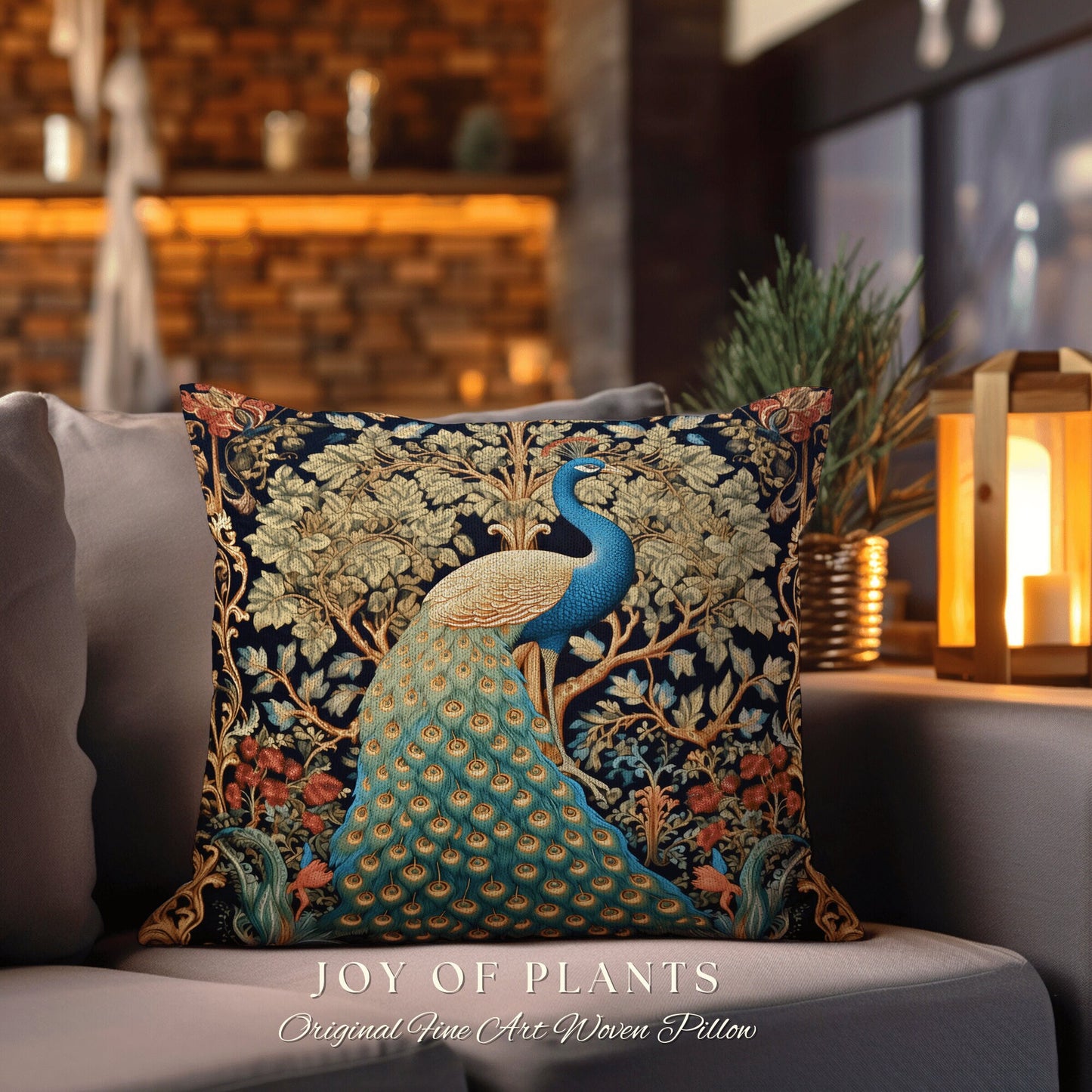 Maximalist Aesthetic Peacock Pillow | William Morris Inspired Peacock Woodland Decor Cushion Botanical Ornate Home Decor Eclectic Throw