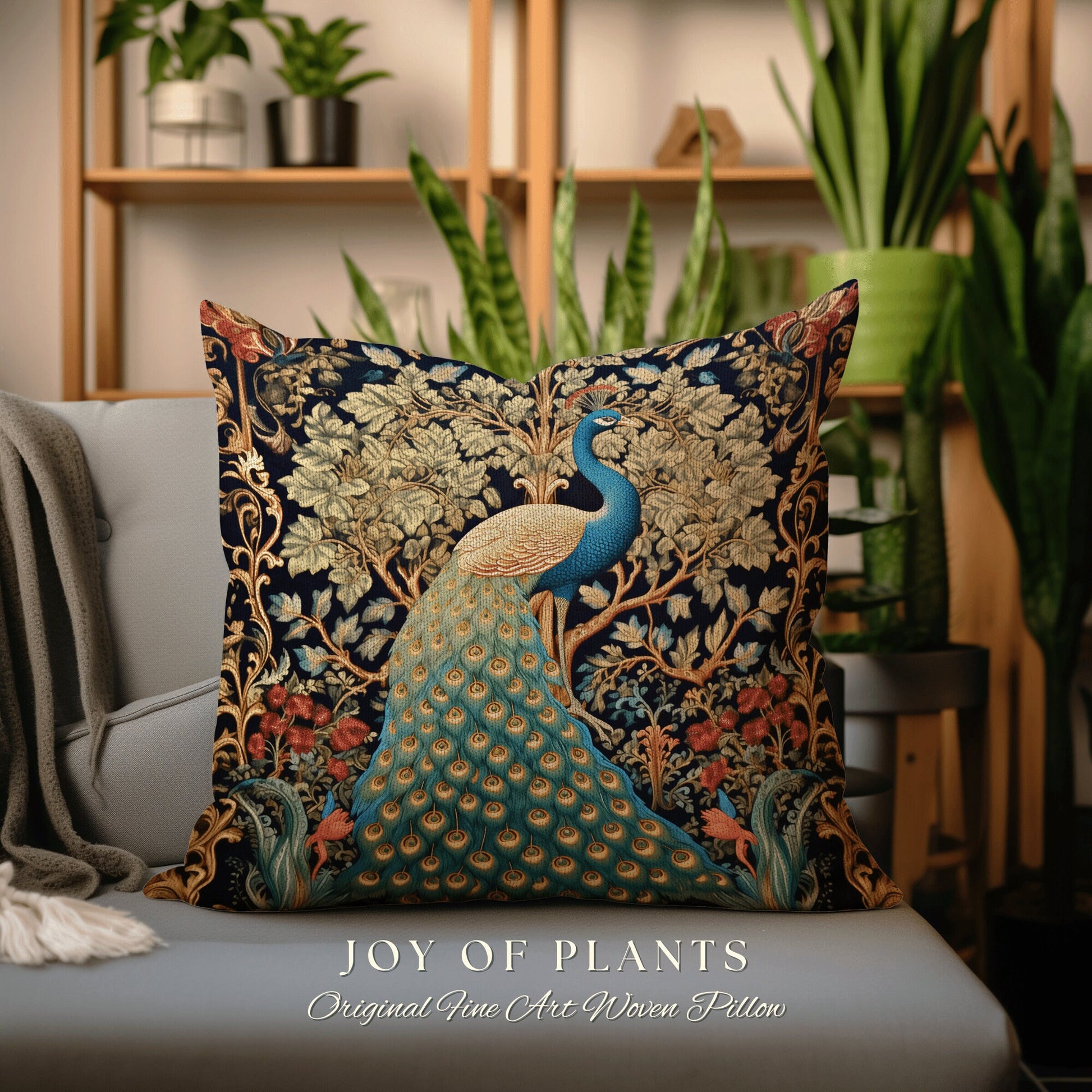 Maximalist Aesthetic Peacock Pillow | William Morris Inspired Peacock Woodland Decor Cushion Botanical Ornate Home Decor Eclectic Throw