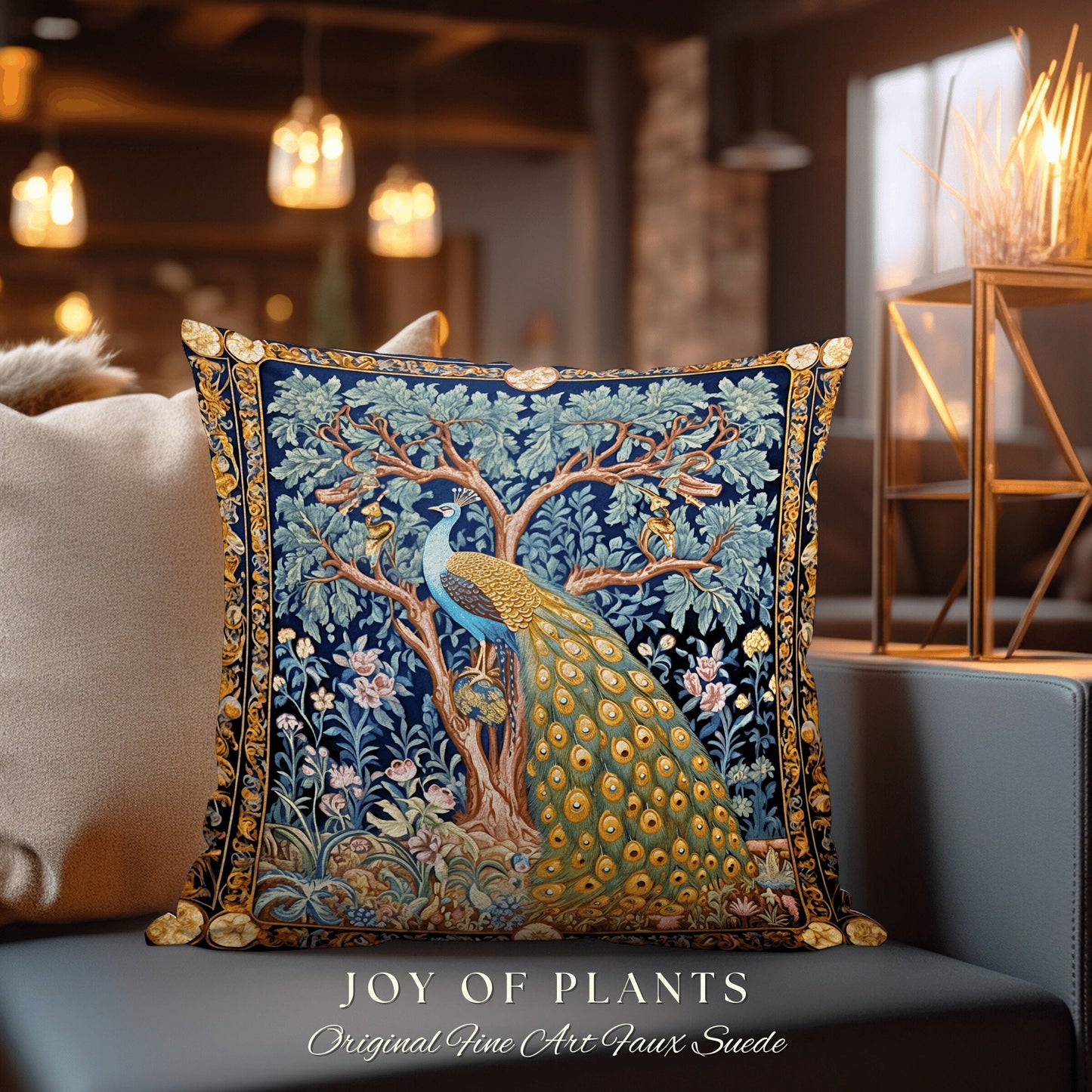 Classic Aesthetic Peacock Throw Pillow | William Morris Inspired Peacock Woodland Decor Cushion Botanical Ornate Home Decor Eclectic Accent