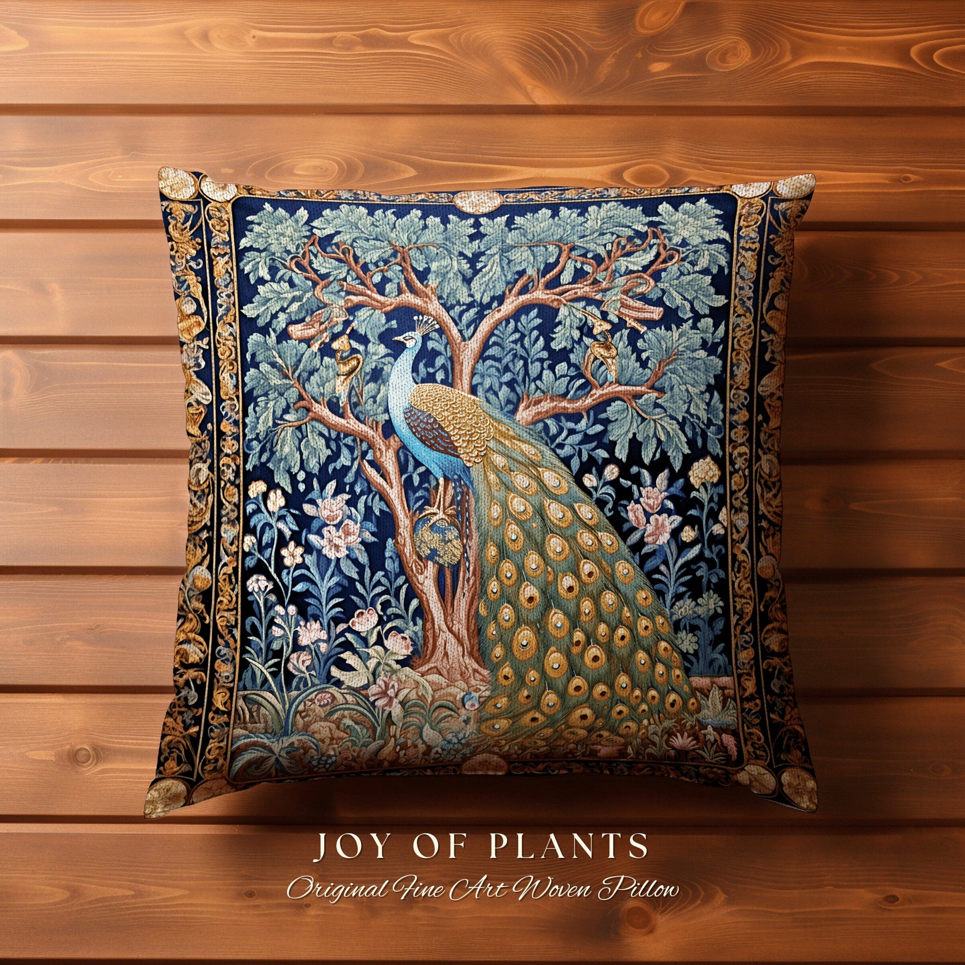 Classic Aesthetic Peacock Throw Pillow | William Morris Inspired Peacock Woodland Decor Cushion Botanical Ornate Home Decor Eclectic Accent