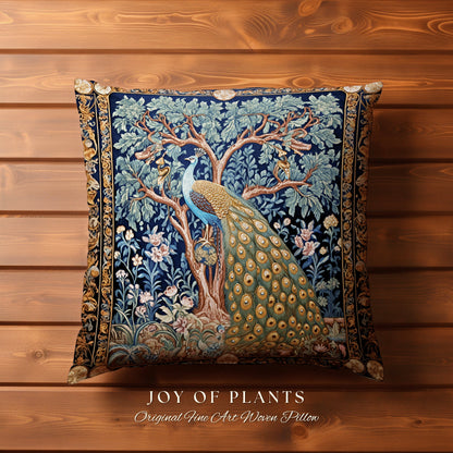 Classic Aesthetic Peacock Throw Pillow | William Morris Inspired Peacock Woodland Decor Cushion Botanical Ornate Home Decor Eclectic Accent