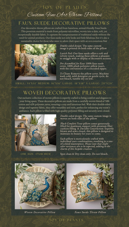 Soft Botanical Peacock Pillow | William Morris Style Peacock Pillow Woodland Royal Aesthetic Cushion Botanical Ornate Home Decor Eclectic
