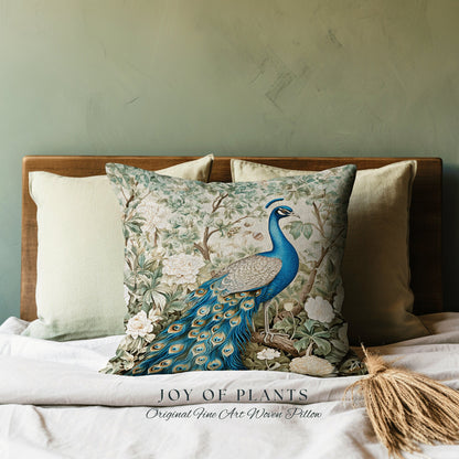 Wildflower Peacock Pillow Floral | William Morris Inspired Peacock Pillow Woodland Aesthetic Cushion Botanical Ornate Home Decor Eclectic