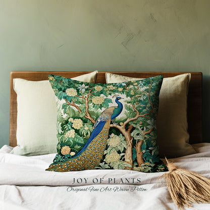 Eclectic Peacock Accent Pillow | William Morris Inspired Peacock Woodland Decor Pillow Maximalist Ornate Home Decor Throw Pillow Botanical