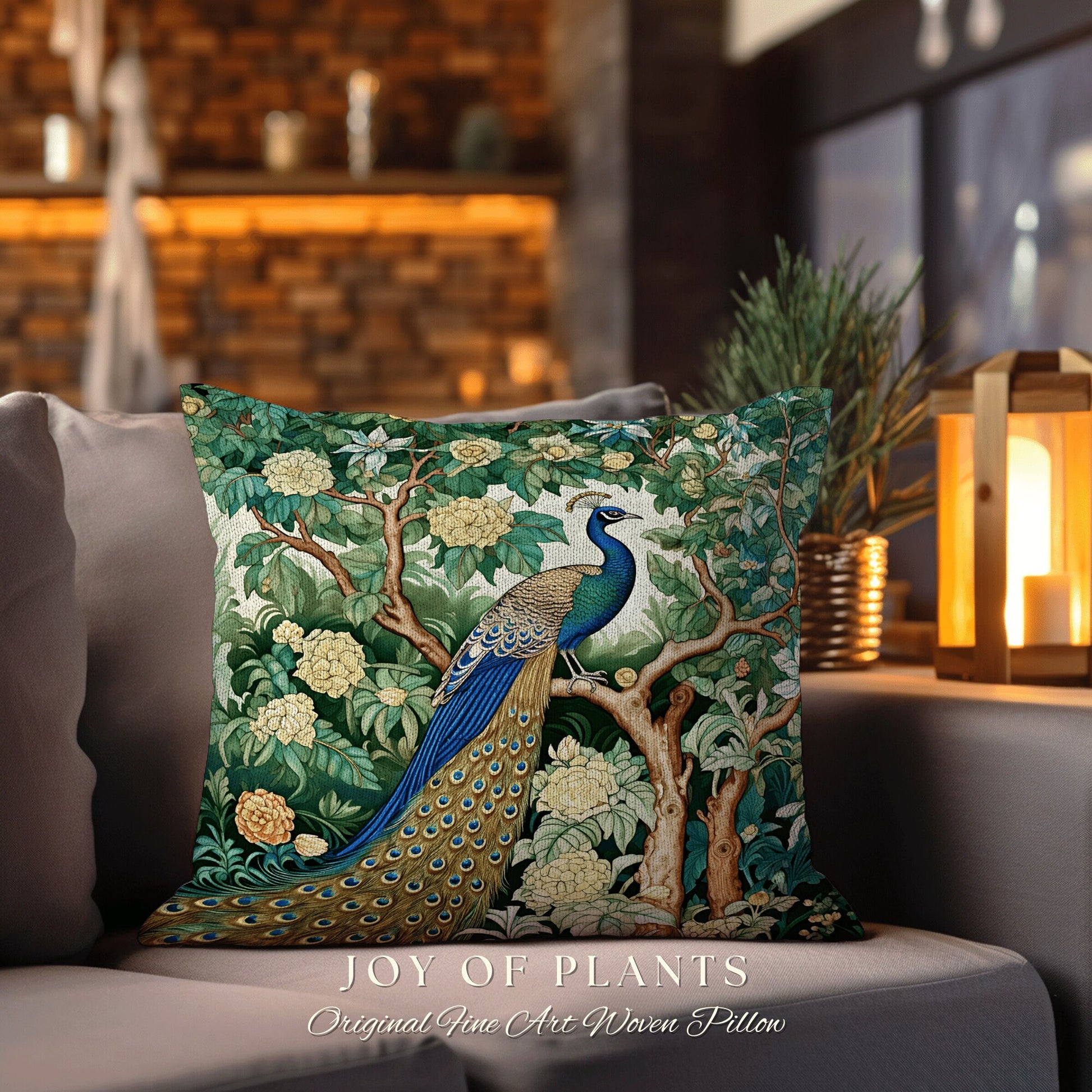 Eclectic Peacock Accent Pillow | William Morris Inspired Peacock Woodland Decor Pillow Maximalist Ornate Home Decor Throw Pillow Botanical