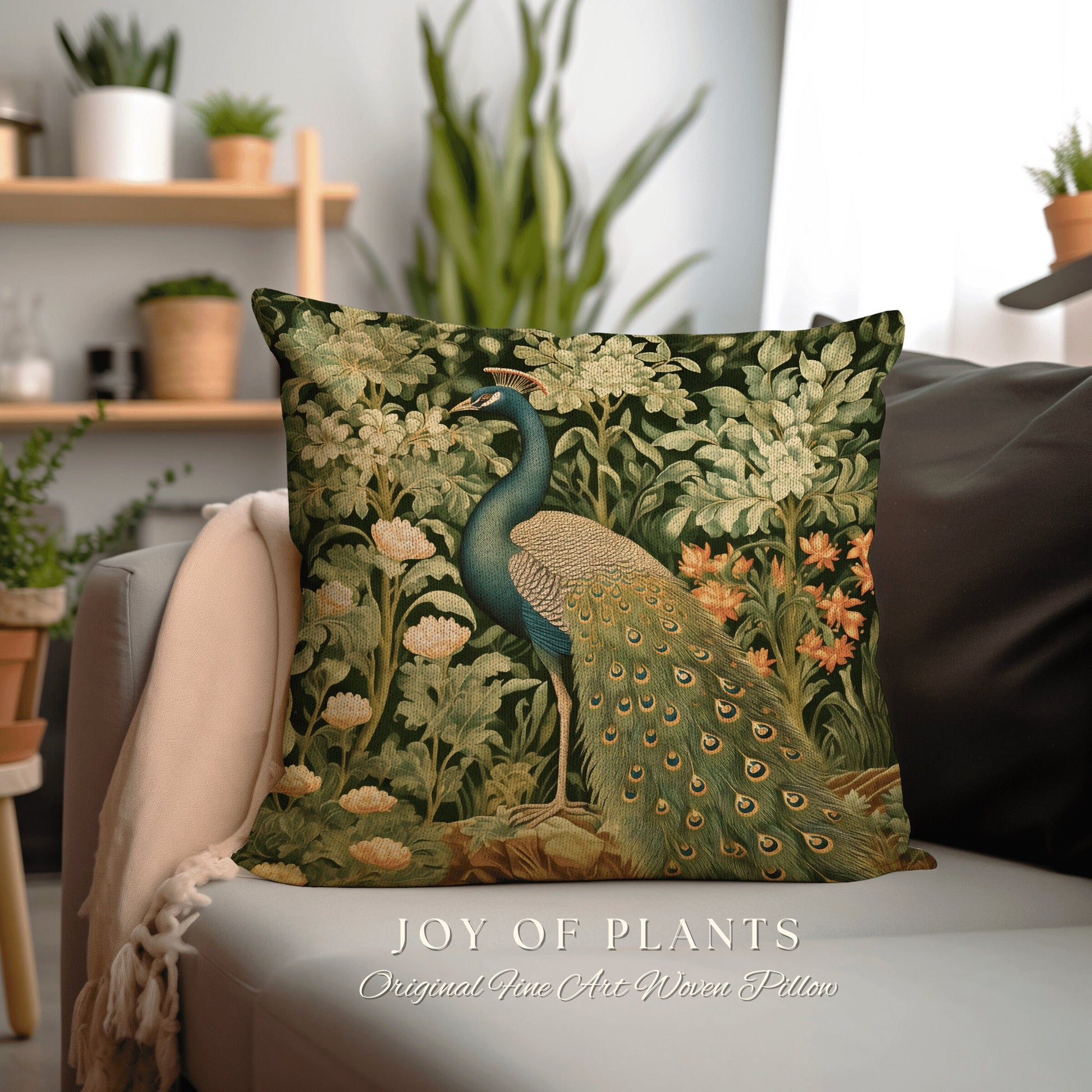 Elegant Botanical Accent Pillow | William Morris Inspired Peacock Woodland Decor Cushion Maximalist Ornate Home Decor Throw Pillow Eclectic