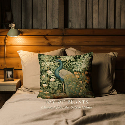 Elegant Botanical Accent Pillow | William Morris Inspired Peacock Woodland Decor Cushion Maximalist Ornate Home Decor Throw Pillow Eclectic