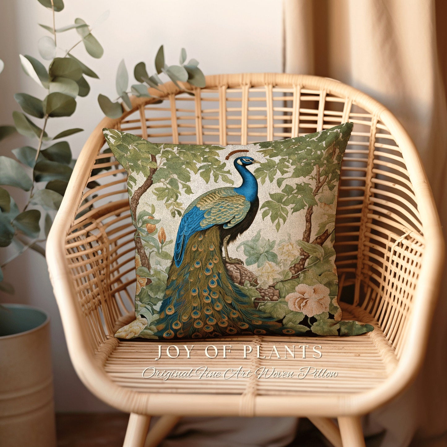 Pastel Jungle Peacock Cushion | William Morris Inspired Peacock Woodland Decor Cushion Maximalist Ornate Home Decor Throw Pillow Eclectic