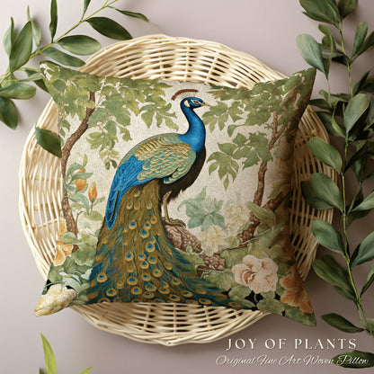 Pastel Jungle Peacock Cushion | William Morris Inspired Peacock Woodland Decor Cushion Maximalist Ornate Home Decor Throw Pillow Eclectic