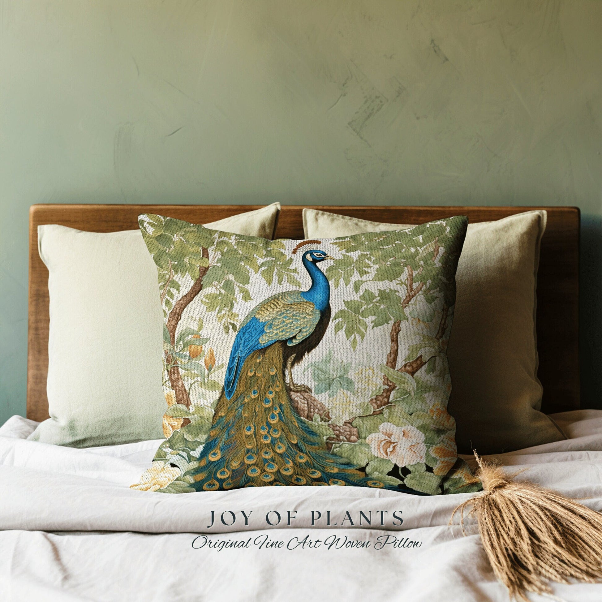 Pastel Jungle Peacock Cushion | William Morris Inspired Peacock Woodland Decor Cushion Maximalist Ornate Home Decor Throw Pillow Eclectic