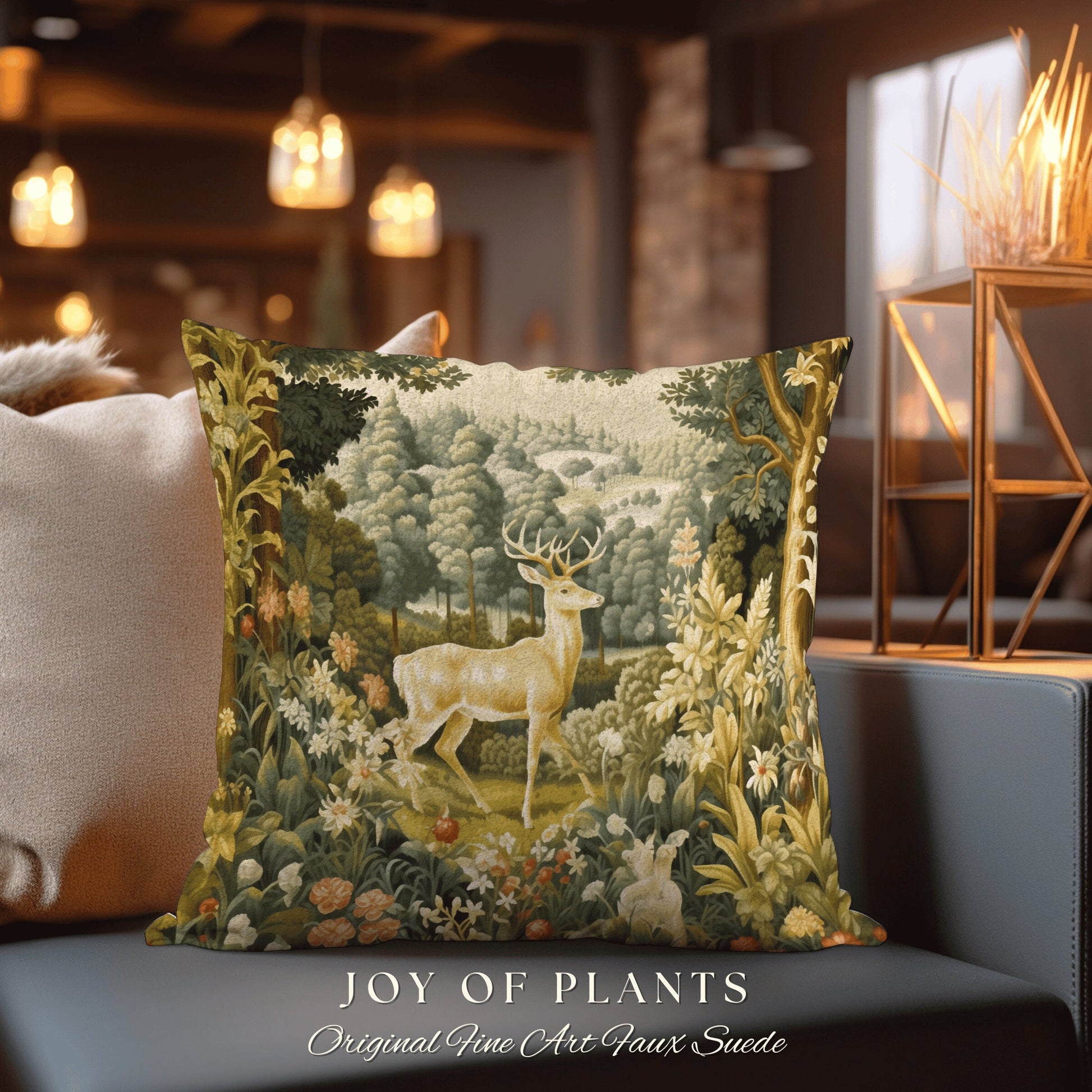 Mystic Meadow Deer Pillow | William Morris Inspired Woodland Fairycore Decor Cushion Maximalist Ornate Home Decor Throw Pillow Eclectic