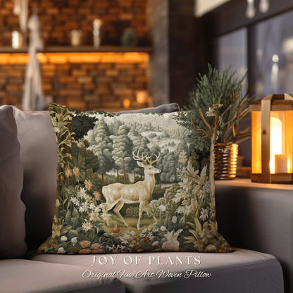 Mystic Meadow Deer Pillow | William Morris Inspired Woodland Fairycore Decor Cushion Maximalist Ornate Home Decor Throw Pillow Eclectic