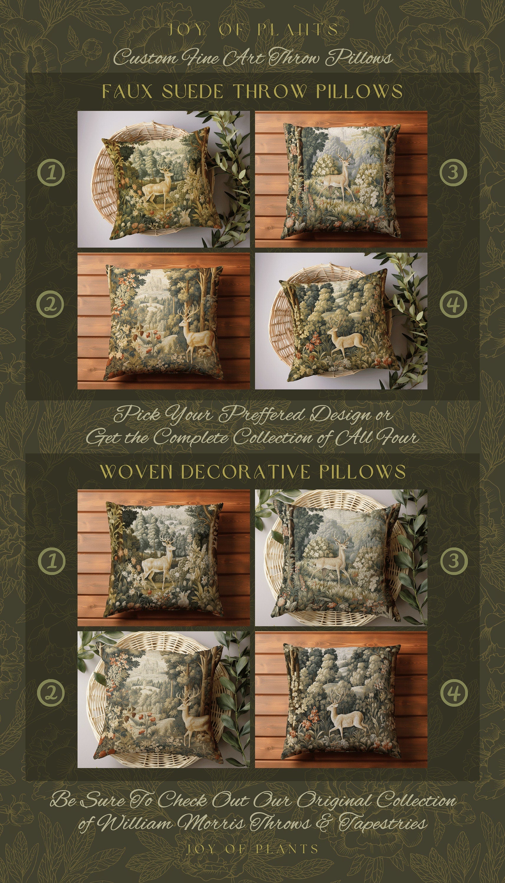 Woodland Deer Pillow Fairycore | William Morris Inspired Woodland Fairy Core Decor Cushion Maximalist Ornate Home Decor Throw Pillow