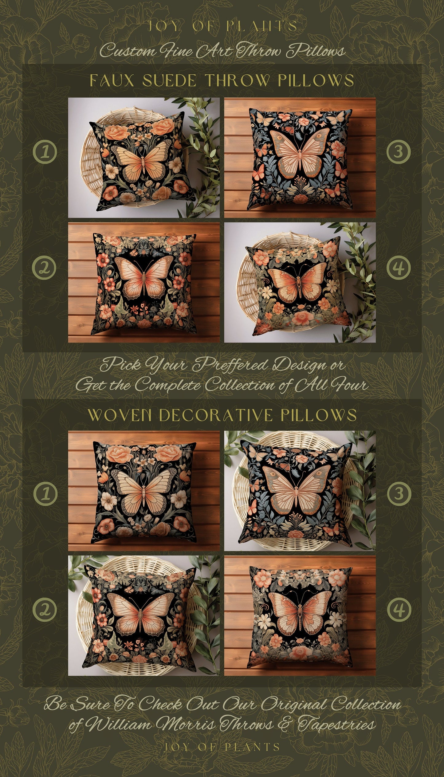 Celestial Butterfly Accent Pillow | William Morris Inspired Forestcore Moth Aesthetic Cushion Maximalist Ornate Home Decor Housewarming Gift