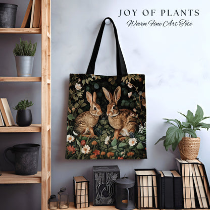 Cottontail Bunnies Spring Tote | Botanical Inspired Satchel Forestcore Maximalist Tapestry Tote Cottagecore Rabbit Aesthetic Fairycore Bag