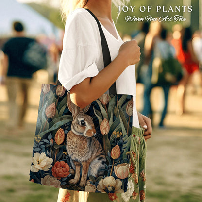 Spring Bunny Tote Bag | Botanical Morris Inspired Satchel Forestcore Boho Maximalist Tapestry Tote Cottagecore Rabbit Aesthetic Fairycore