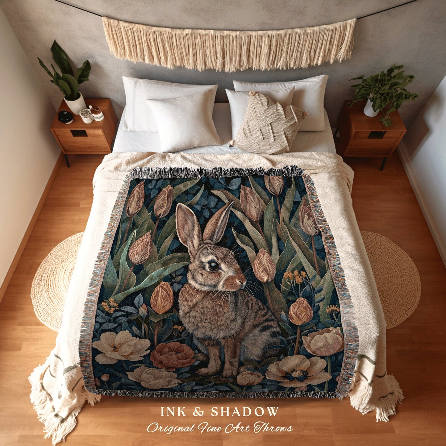 Bunny in the Tulips Woven Throw | Cottagecore Cozy Blanket Boho Room Decor Woodland Botanical Aesthetic Fairy Core Tapestry Wallhanging Gift