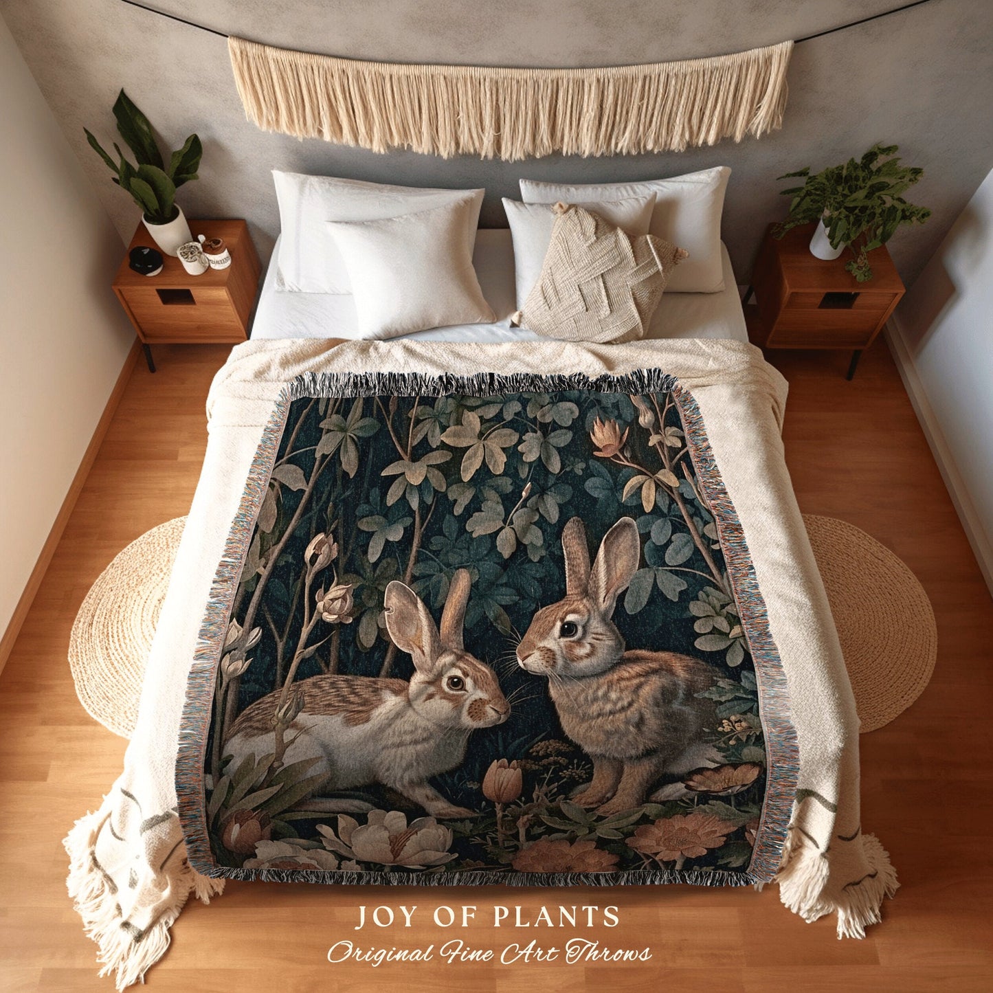 Dark Botanical Rabbit Blanket | Bunny Tapestry Boho Room Decor Woodland Aesthetic Dark Academia Throw Spring Wallhanging Woven Throw