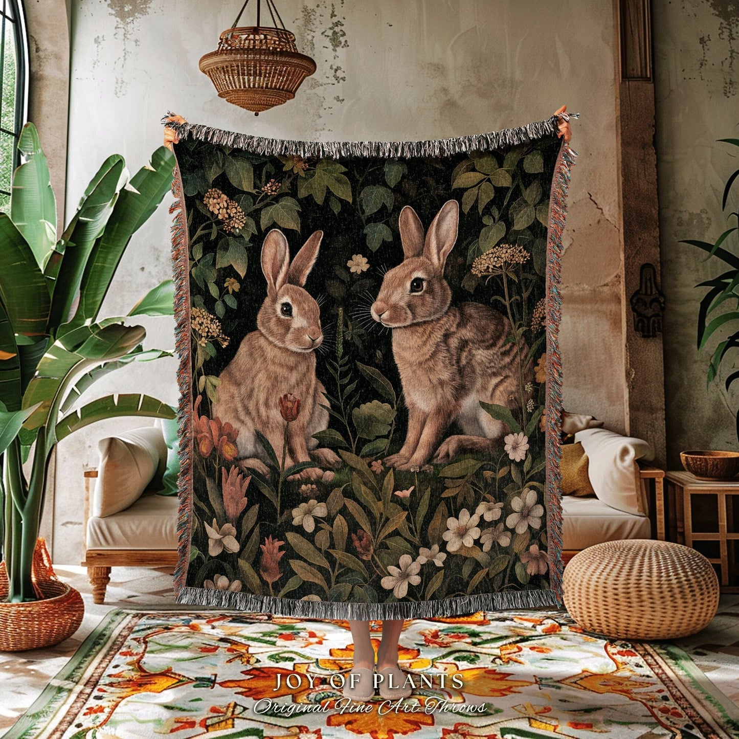 Maximalist Woodland Blanket Woven | Rabbit Tapestry Boho Room Decor Bunny Aesthetic Dark Academia Throw Spring Decoration Bunnies