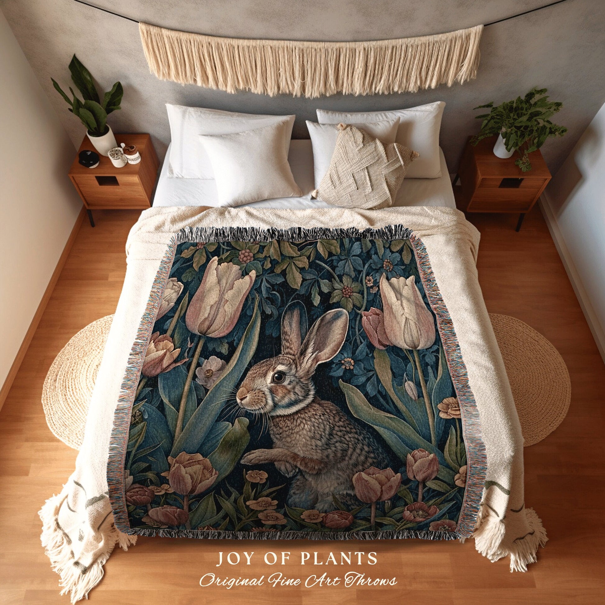 Floral Rabbit Throw Blanket | Spring Wildflowers Blanket Boho Room Decor Woodland Aesthetic Fairy Core Throw Blanket Woven Wallhanging