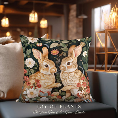 Cute Bunnies Throw Pillow | Fairy Core Woven Accent Pillow Cottagecore Rabbit Room Decor Bunny Cushion Forestcore Light Academia Botanical