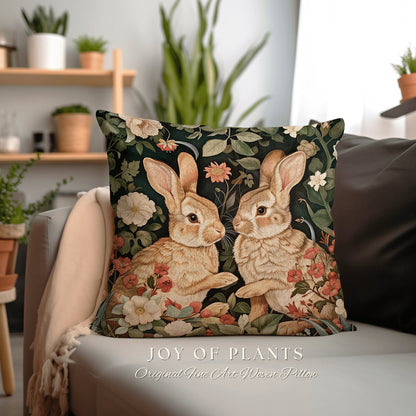 Cute Bunnies Throw Pillow | Fairy Core Woven Accent Pillow Cottagecore Rabbit Room Decor Bunny Cushion Forestcore Light Academia Botanical