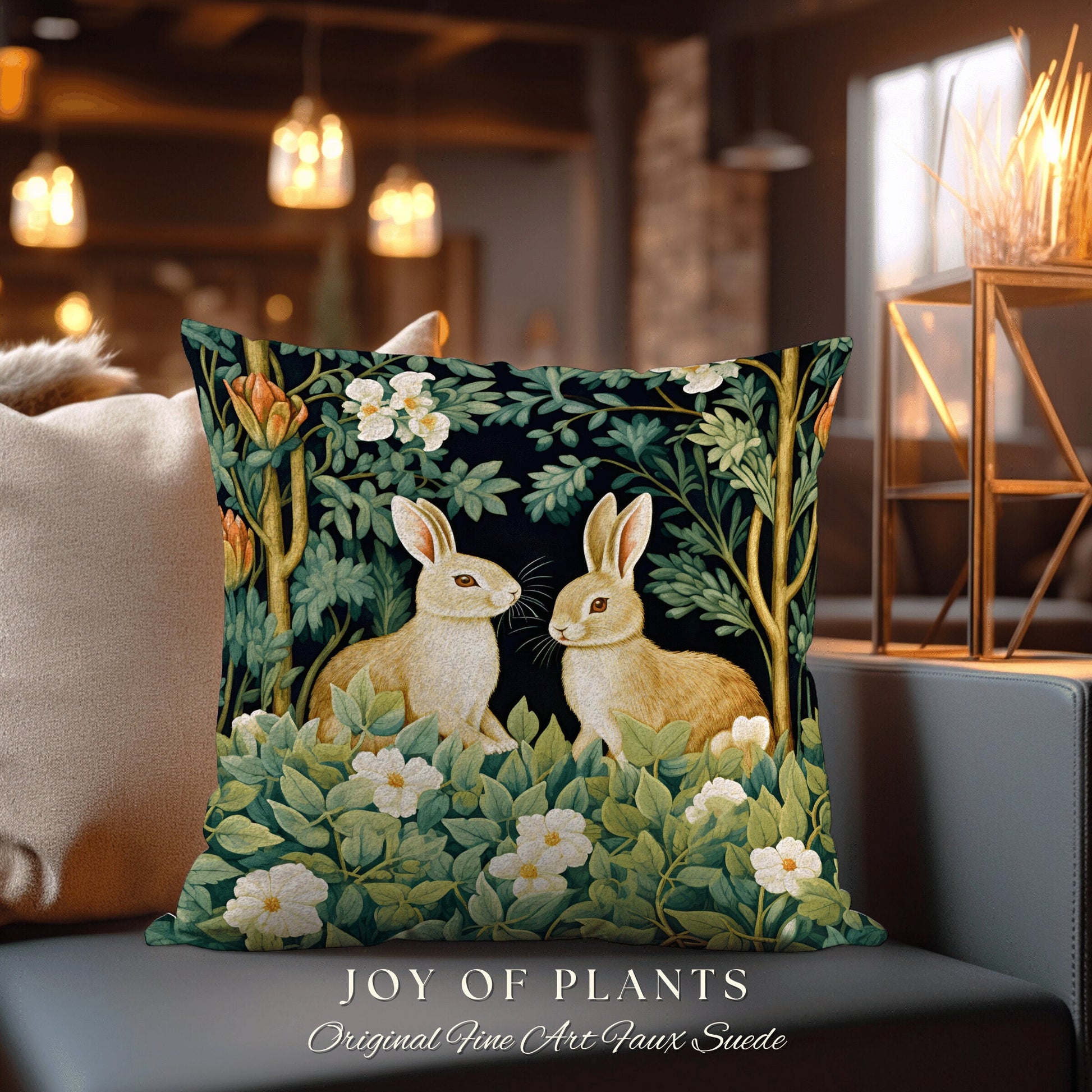 Mystic Aesthetic Rabbit Pillow | Fairy Core Woven Accent Pillow Dark Academia Room Decor Bunny Cushion Forestcore Botanical Throw Floral