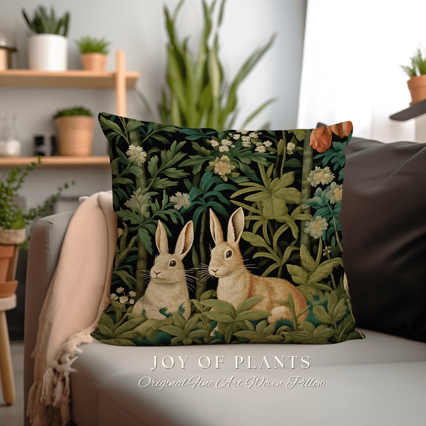 Secret Garden Bunnies Pillow Fairy Core Whimsical Accent Pillow Dark Academia Room Decor Bunny Aesthetic Rabbit Cushion Forestcore Botanical