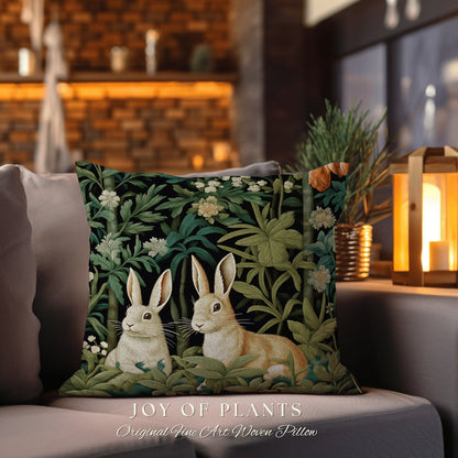 Secret Garden Bunnies Pillow Fairy Core Whimsical Accent Pillow Dark Academia Room Decor Bunny Aesthetic Rabbit Cushion Forestcore Botanical