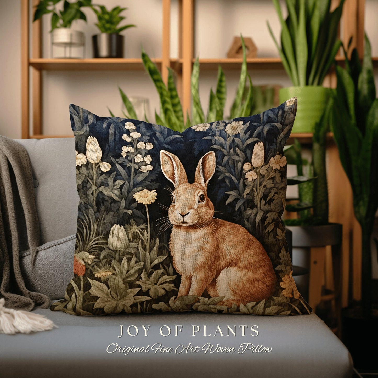 Bunny Throw Pillow Spring Decor | Fairycore Woven Accent Pillow Cottagecore Room Decor Botanical Bunny Aesthetic Rabbit Cushion Whimsical |