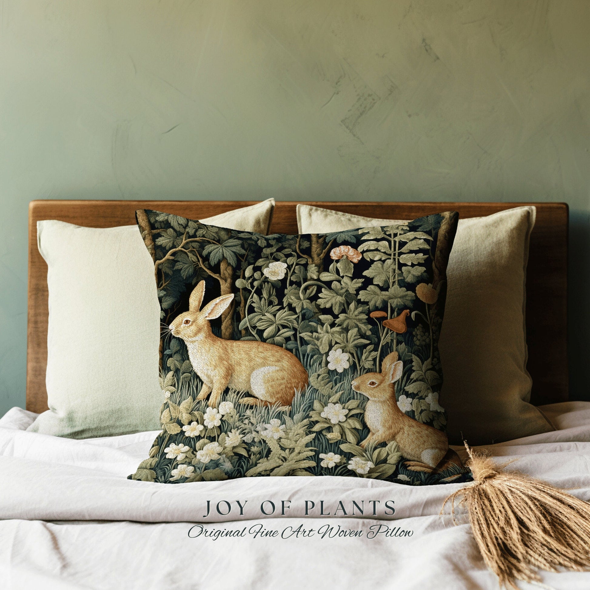 Wildflower Bunnies Pillow | Fairycore Woven Accent Pillow Cottagecore Room Decor Bunny Aesthetic Rabbit Cushion Forestcore Botanical