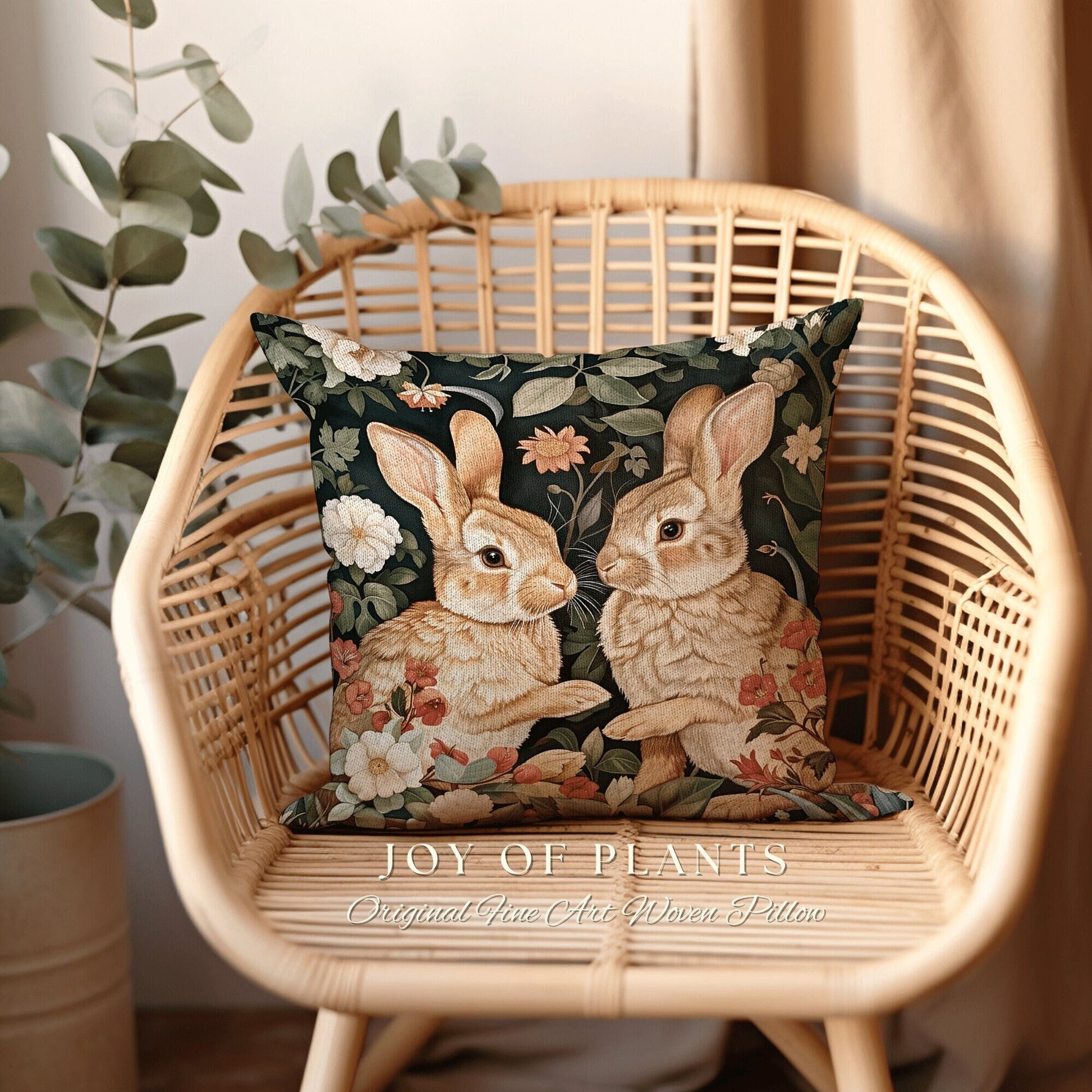 Cute Bunnies Throw Pillow | Fairy Core Woven Accent Pillow Cottagecore Rabbit Room Decor Bunny Cushion Forestcore Light Academia Botanical