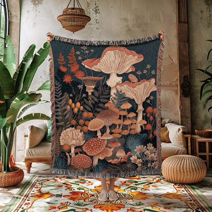 Fungi Forest Eclectic Throw | Woodland Tapestry for Mushroom Lover Gift Whimsical Room Decor Reading Aesthetic Cozy Cottagecore Blanket |