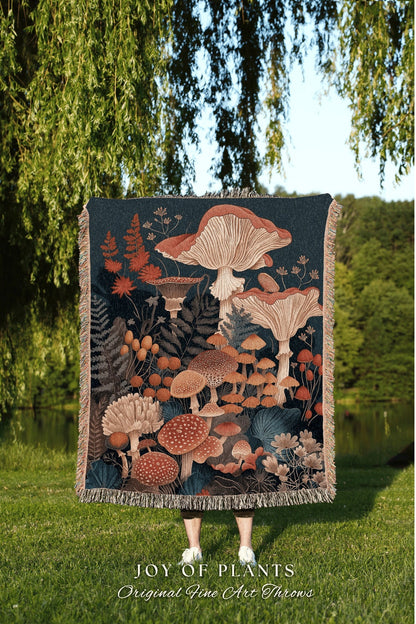 Fungi Forest Eclectic Throw | Woodland Tapestry for Mushroom Lover Gift Whimsical Room Decor Reading Aesthetic Cozy Cottagecore Blanket |