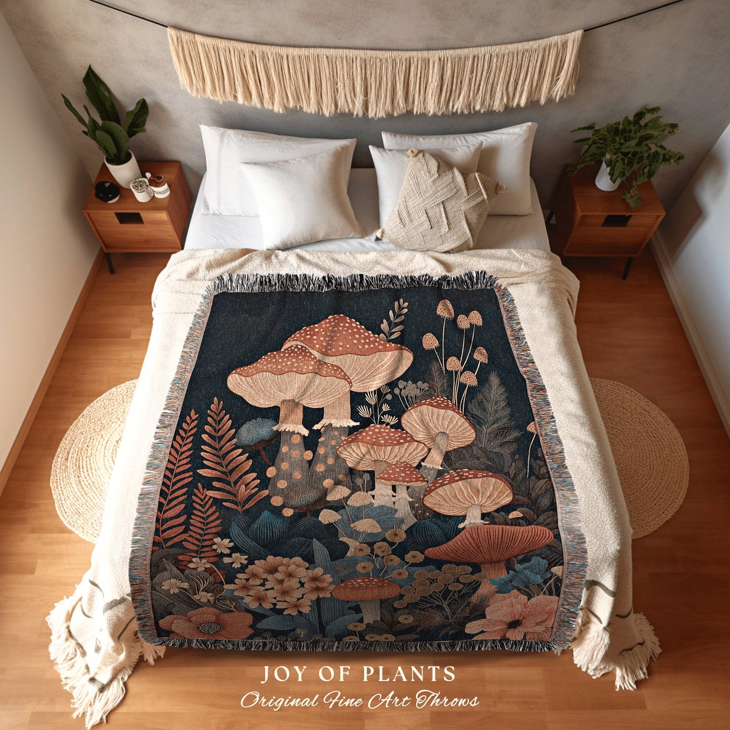 Mushroom Blanket Woven Throw | Eclectic Throw for Mushroom Lover Gift Whimsical Room Decor Reading Nook Aesthetic Boho Tapestry Mystical |