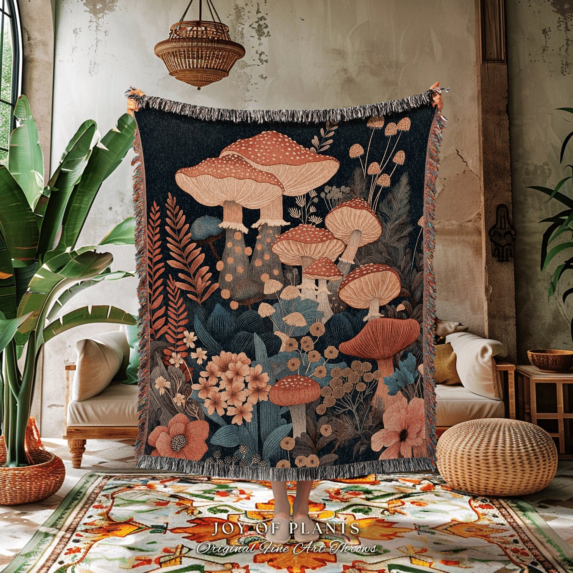 Mushroom Blanket Woven Throw | Eclectic Throw for Mushroom Lover Gift Whimsical Room Decor Reading Nook Aesthetic Boho Tapestry Mystical |